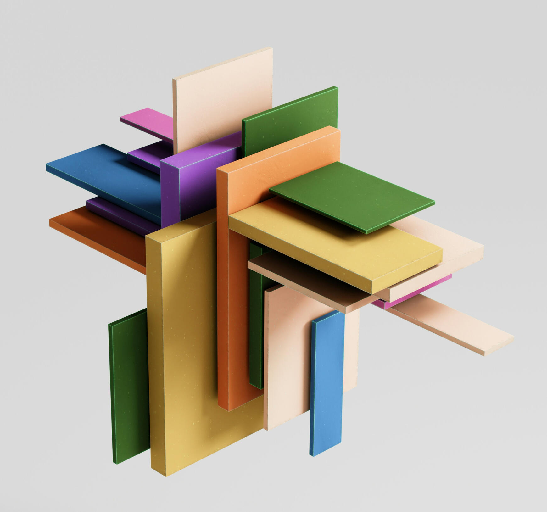 A stack of colorful geometric blocks arranged in a neat tower